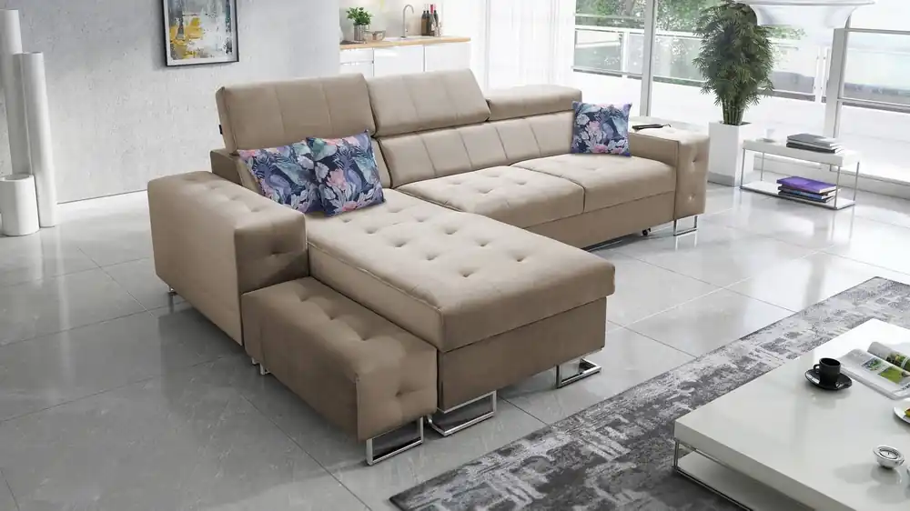Ecksofa mit Schlaffunktion Hampton beige linke Seite stilvolle Steppung auf dem Sitz weicher Polsterstoff Ecksofa mit Verlängerung Super-Preis