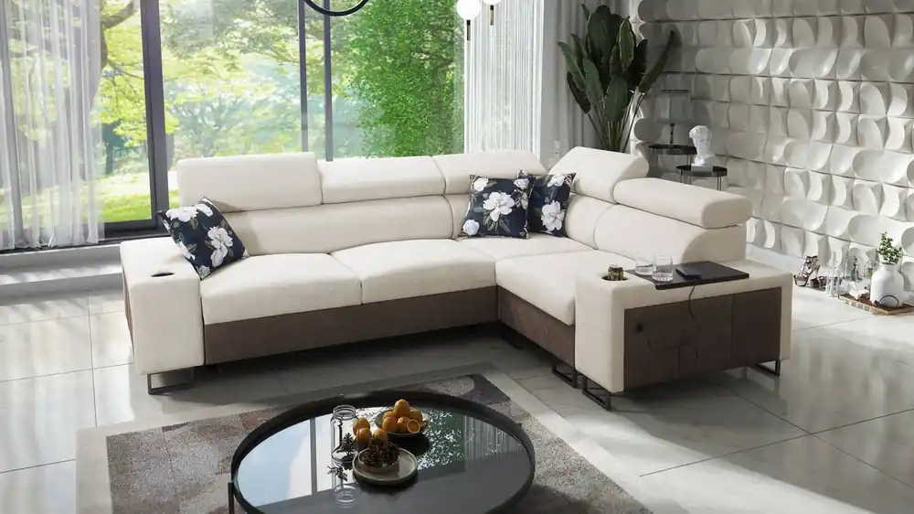 Ecksofa mit Schlaffunktion Flavio II hellbeige/braun rechts bequemes Ecksofabett offene Bar an der Seite des Möbels Direkt Vom Hersteller