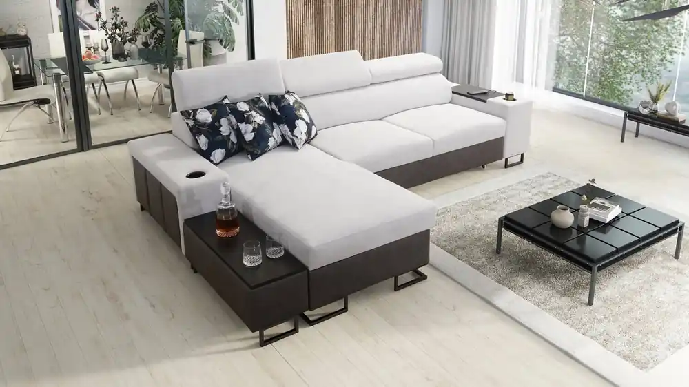 Ecksofa mit Schlaffunktion Flavio graue Esche / Graphit links elegantes Ecksofa mit einer seitlich zu öffnenden Verlängerungsstange Bestseller