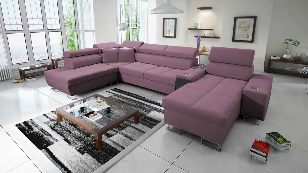 Wochenendangebot Ecksofa mit Schlaffunktion Dafni V heather right velvet komfortables und bequemes Ecksofa mit verstellbaren Kopfstützen