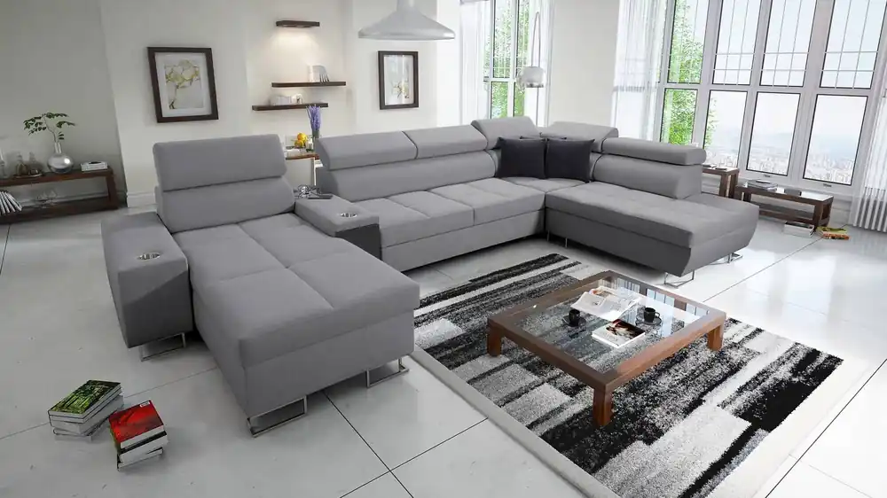 Markenprodukt Ecksofa mit Schlaffunktion Dafni V grau linksgeflochtenes bequemes Ecksofa mit verstellbaren Kopfstützen