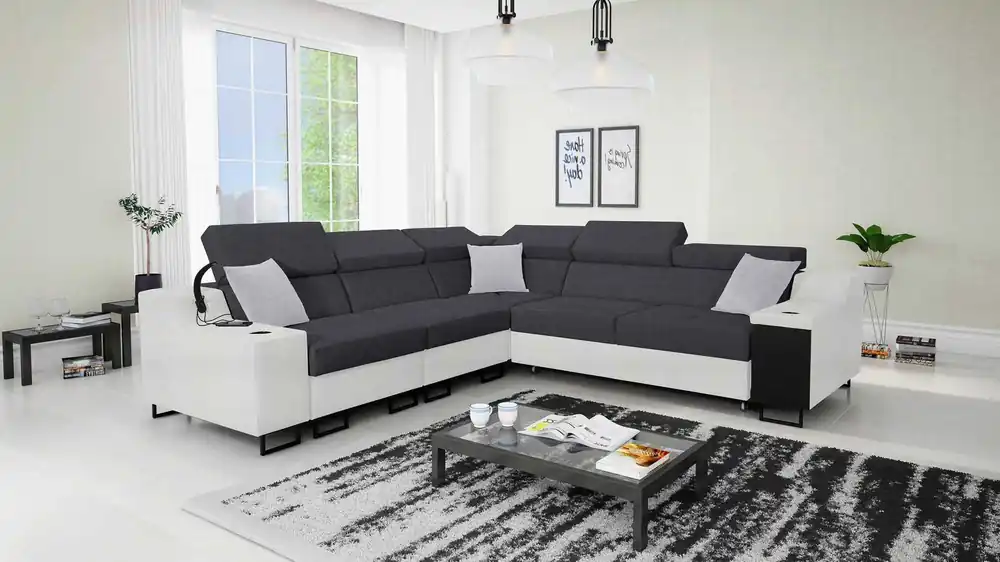 Ecksofa mit Schlaffunktion Alcamo III graphit / weiß links Funktions-Ecksofa mit einer Schublade in der Seite zwei Behälter für Bettzeug Online Kaufen