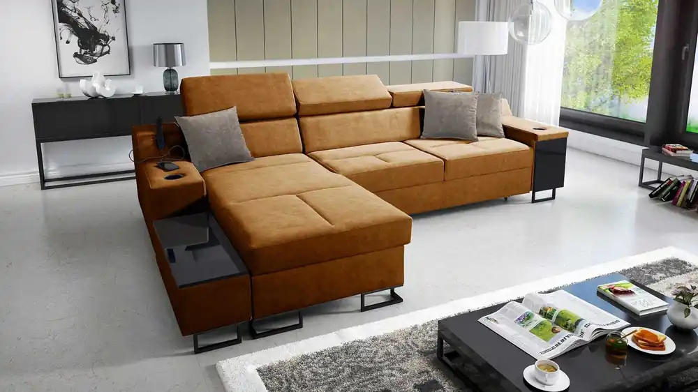 Neue Kollektion Ecksofa mit Schlaffunktion Alcamo honey links elegantes und stilvolles Ecksofa mit einer ausziehbaren praktischen Schublade an der Seite des Möbels