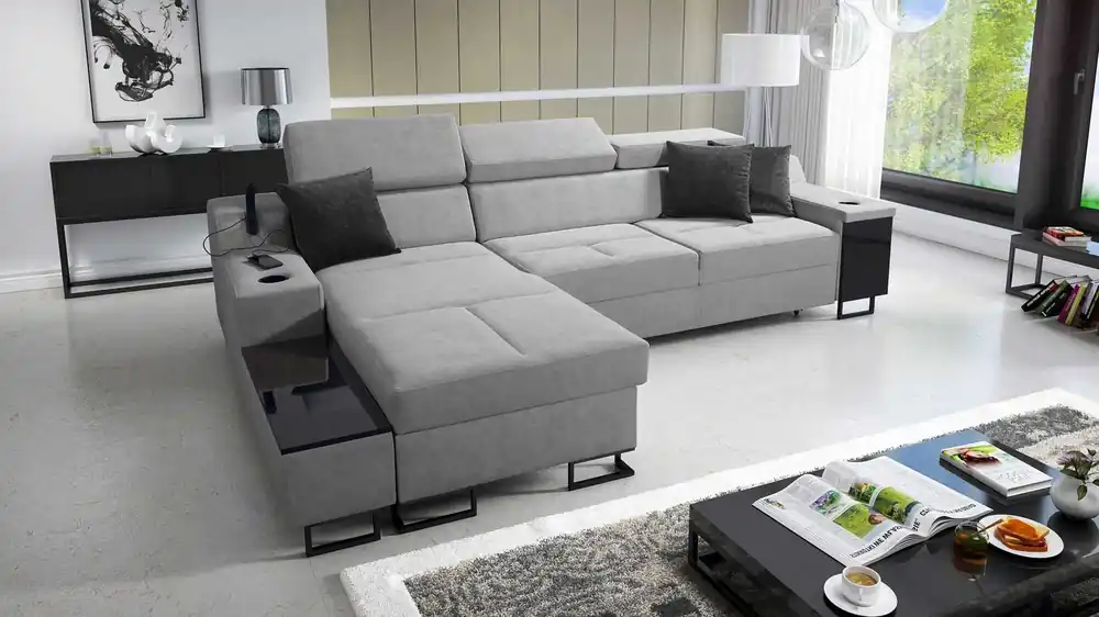 Ecksofa mit Schlaffunktion Alcamo grau links elegantes und stilvolles Ecksofa mit einer ausziehbaren praktischen Schublade an der Seite des Möbels Top-Angebot