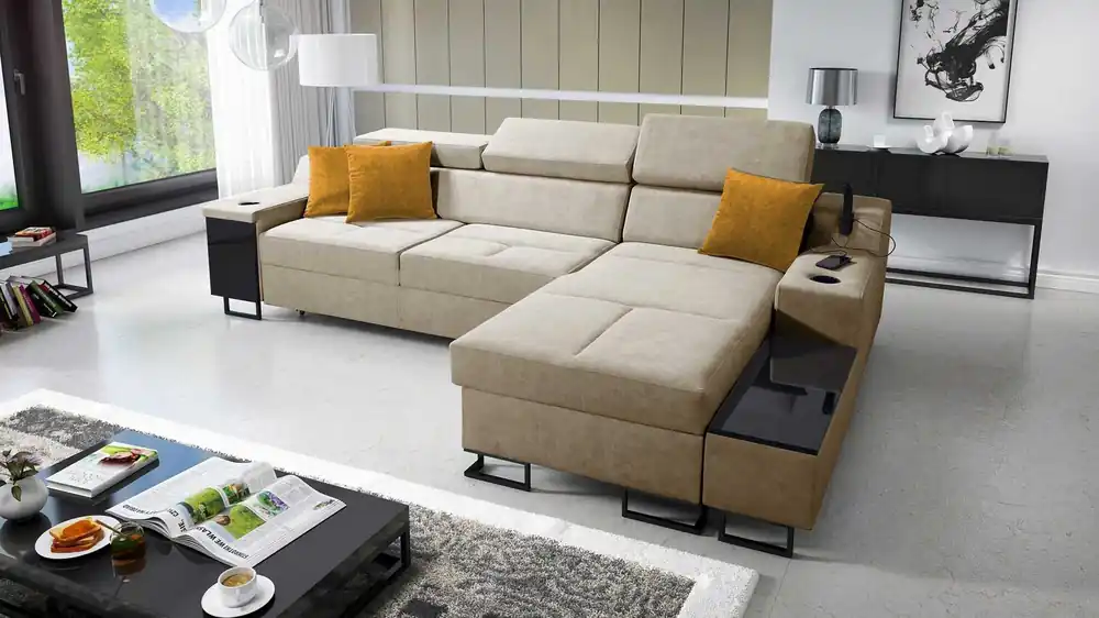 Top-Seller Ecksofa mit Schlaffunktion Alcamo beige rechte Ecke elegantes und stilvolles Ecksofa mit einer ausziehbaren praktischen Schublade an der Seite des Möbels
