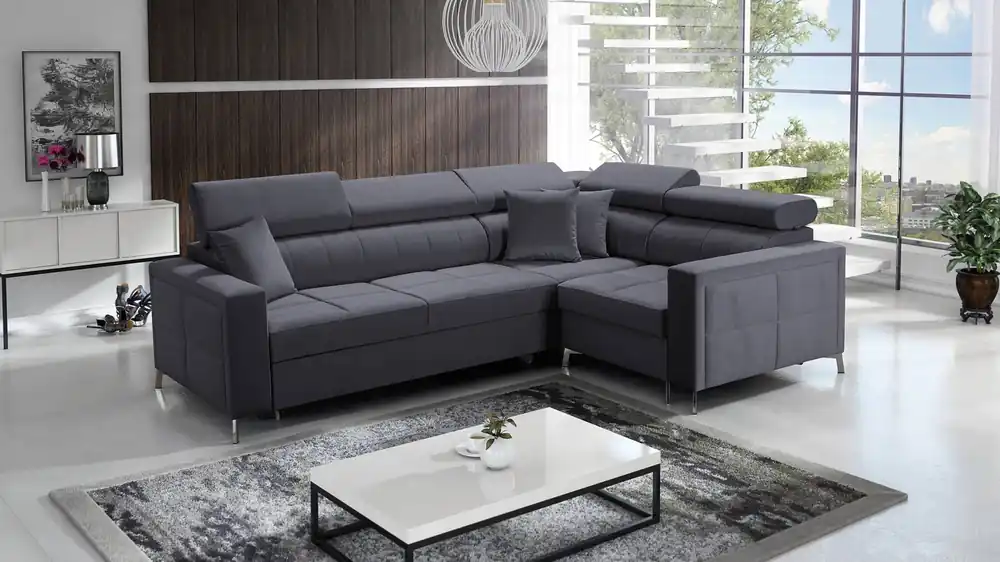 Nausa II Ecksofa mit Schlaffunktion aus graphitfarbenem Samt rechtes Ecksofa mit Ziernähten auf der Sitzfläche Ecksofa mit Koffer für Bettzeug Top-Angebot