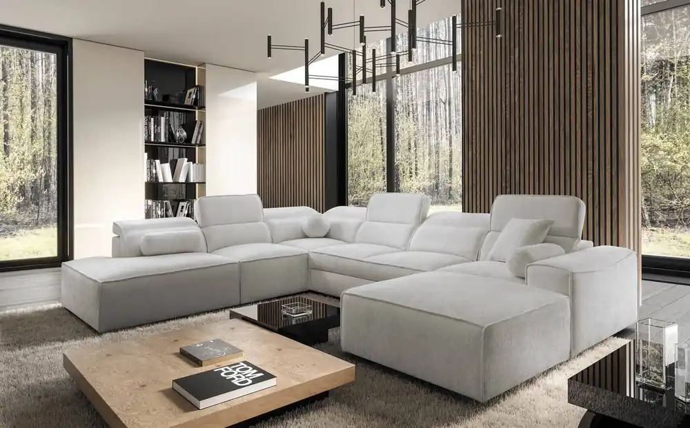 Ecksofa mit Schlaffunktion Viano X grau Esche rechts Design Ecksofa für Wohnzimmer im modernen Stil verstellbare Kopfstützen Direkt Vom Hersteller