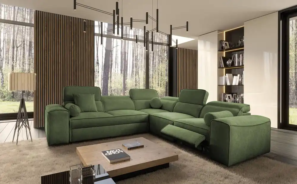 Markenware Ecksofa mit Schlaffunktion Viano III Lux grün rechts modernes Ecksofa für Wohnzimmer mit ausziehbarem Fußteil Bettwäschecontainer