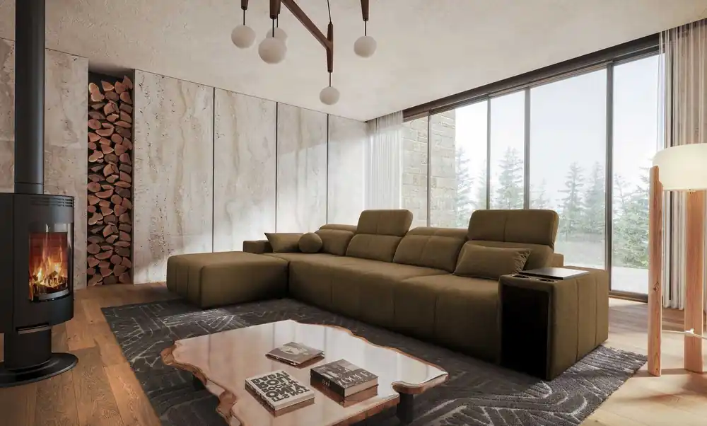 Rabatt Ecksofa mit Schlaffunktion Tesalia XII braun links modernes Design komfortable Schiebelehne Schublade in der Seite des Möbels