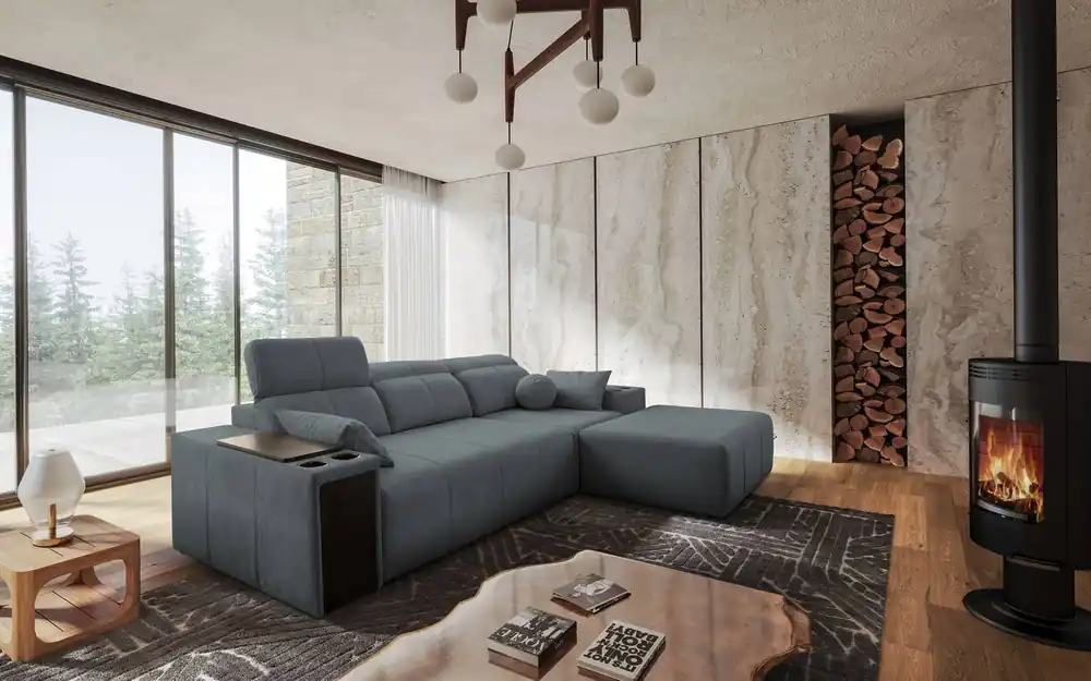 Ecksofa mit Schlaffunktion Tesalia grau rechte Ecke modernes Design komfortable Schiebelehne Schublade in der Seite des Möbels Aktuell