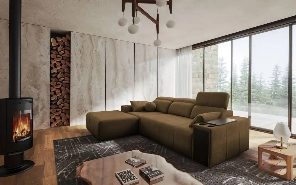 Ecksofa mit Schlaffunktion Tesalia braun links modernes Design komfortable Schiebelehne Schublade in der Seite des Möbels Finale Aktion