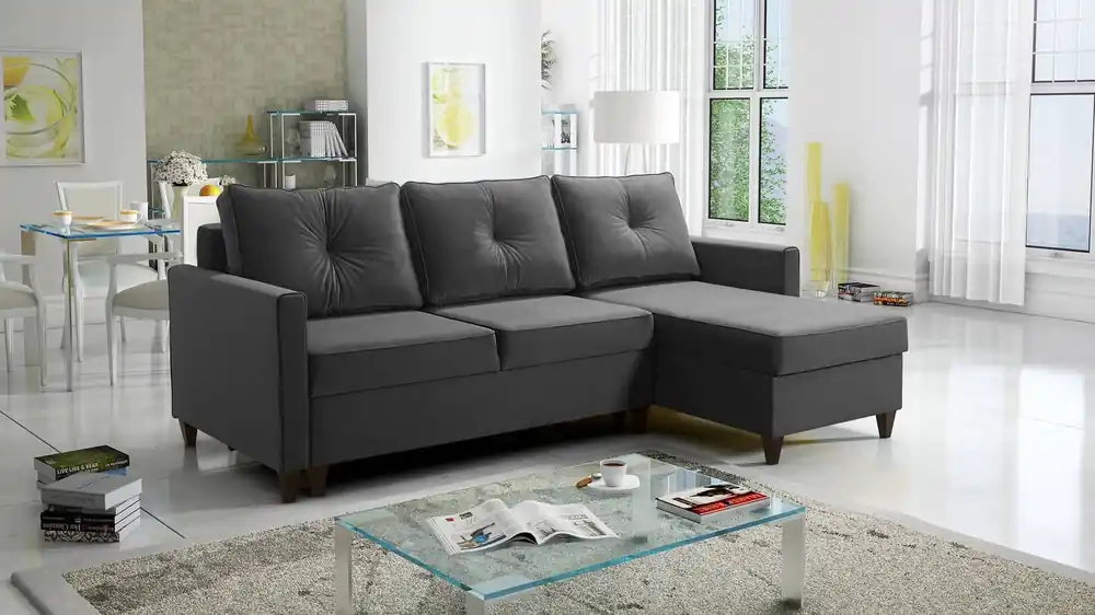 Ecksofa mit Schlaffunktion Terni graphit rechte Ecke ein praktisches und funktionelles Ecksofa, das mit geräumigen Behältern für Bettzeug ausgestattet ist Abverkauf