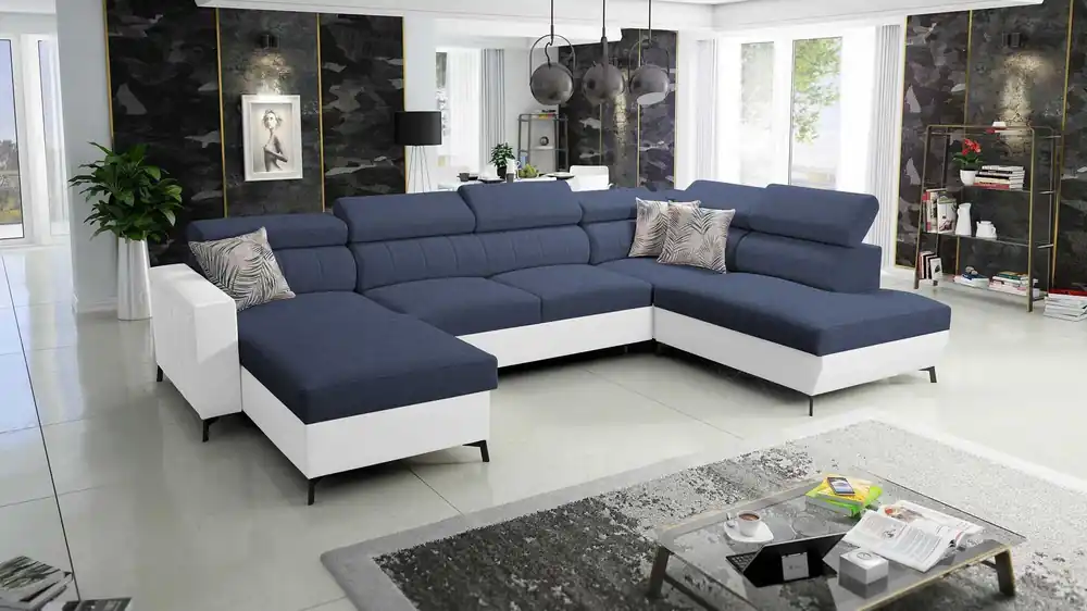 Solange Der Vorrat Reicht Ecksofa mit Schlaffunktion Savona VI marineblau/weiß links bequemes Ecksofa für Wohnzimmer mit zwei Bettkästen