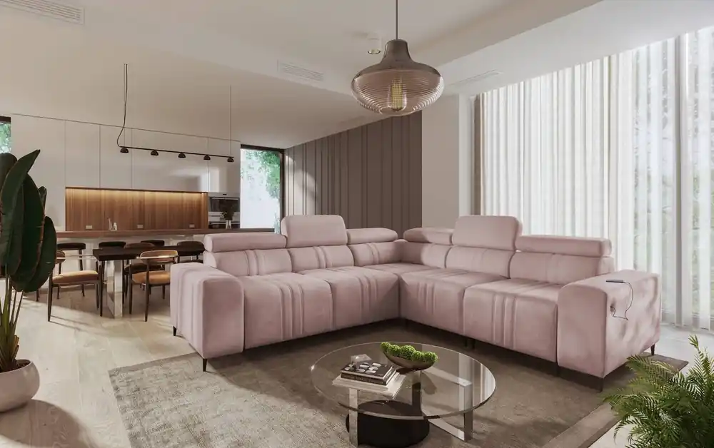 Rabatt Ecksofa mit Schlaffunktion Castel III rosa rechtes Ecksofa mit zwei Bettkästen verstellbare Kopfstützen