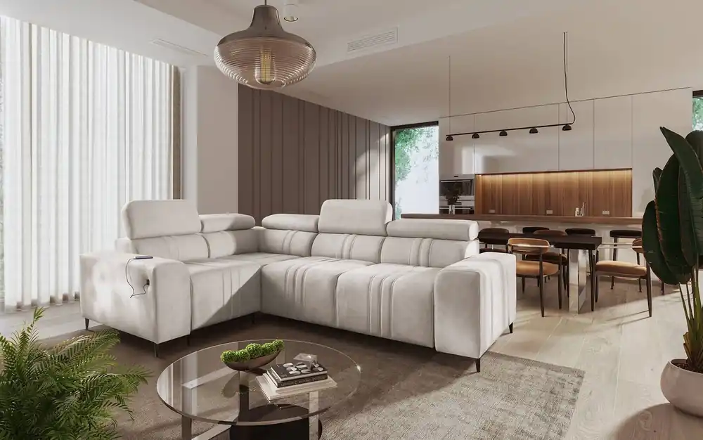 Jetzt Bestellen Ecksofa mit Schlaffunktion Castel II beige links komfortables Ecksofa mit verstellbaren Kopfstützen Container für Bettzeug