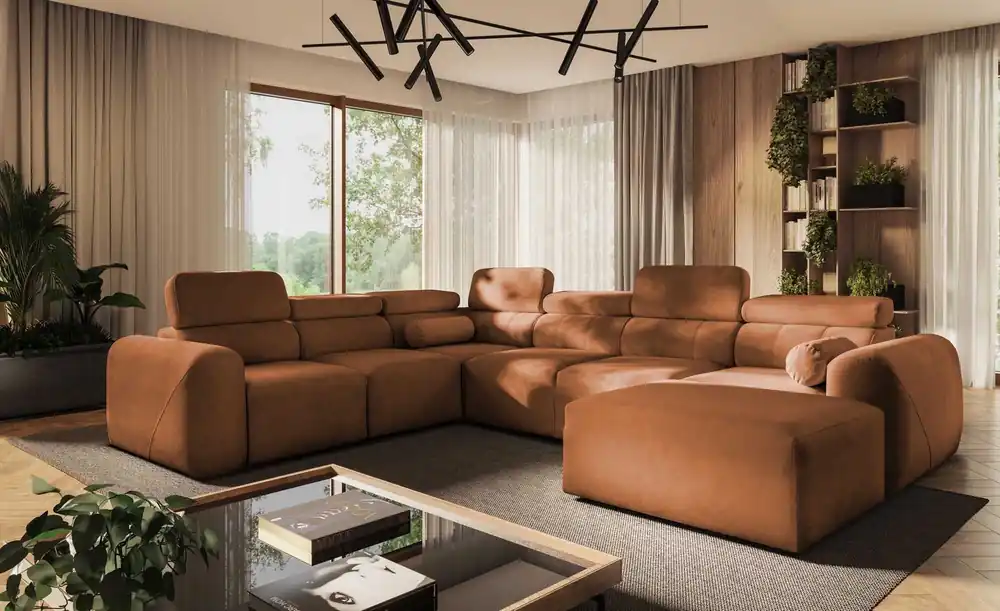 Ecksofa mit Schlaffunktion Cantare VIII ziegelrot rechts geschmackvolles Ecksofa mit verstellbaren Kopfstützen Bettzeugcontainer Highlight