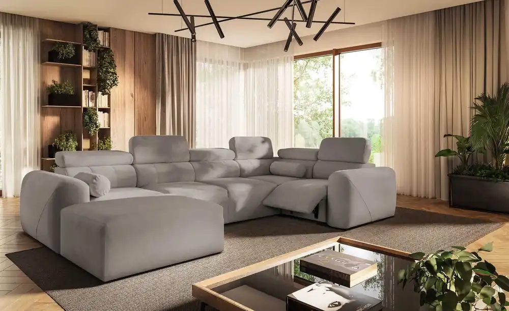 Ecksofa mit Schlaffunktion Cantare IV Lux graue Esche links Sorgfältig verarbeitetes Ecksofa für das Wohnzimmer mit Lift-Fußstütze Sonderangebot