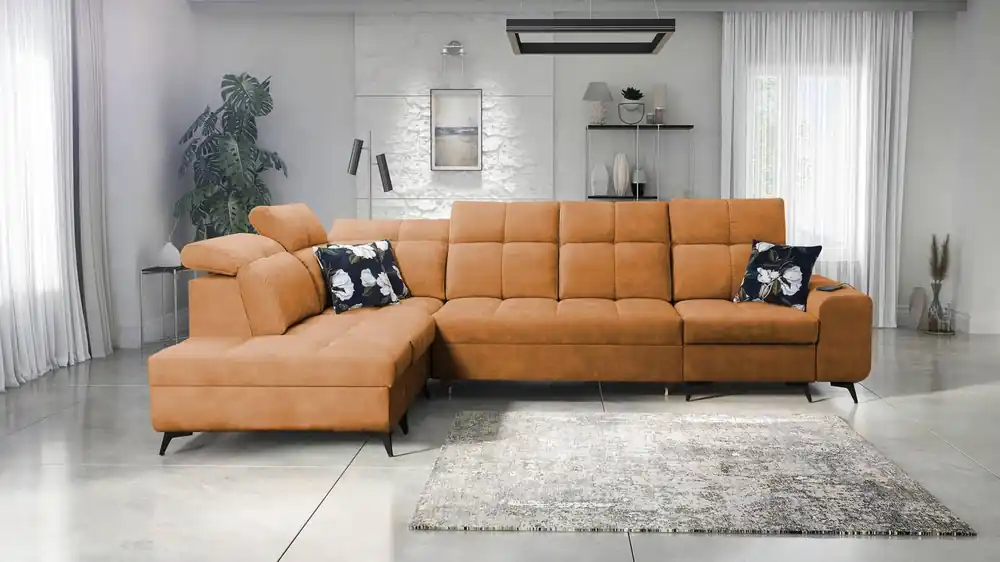Ecksofa mit Schlaffunktion Buffalo XI honey links stilvolles Ecksofa mit drei Bettkästen Velourstoff Geprüft