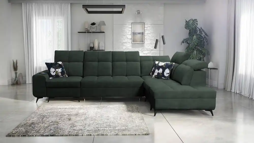 Heißes Angebot Ecksofa mit Schlaffunktion Buffalo XI grün rechtsseitig stilvolles Ecksofa mit drei Bettkästen Velourstoff