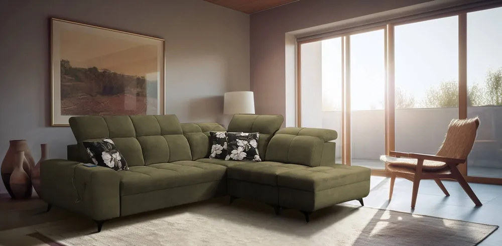 Ecksofa mit Schlaffunktion Buffalo VII olivgrün rechts stilvolles Ecksofa mit Bettzeugcontainern Velourstoff Sofort Bestellen