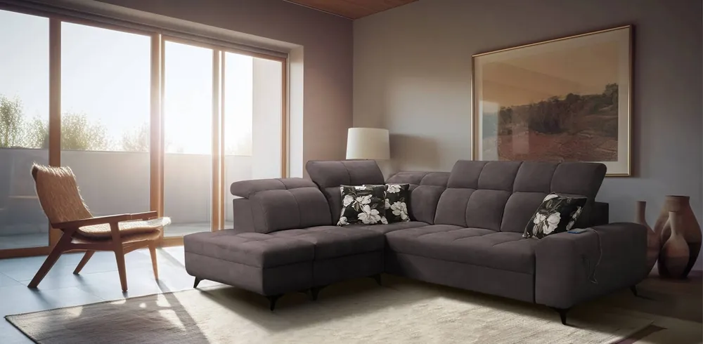 Ecksofa mit Schlaffunktion Buffalo VII braun linksseitig stilvolles Ecksofa mit Bettzeugcontainer Velourstoff Echt