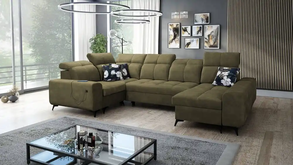 Ecksofa mit Schlaffunktion Buffalo IV oliv rechts stilvolles Ecksofa mit zwei Bettkästen Velourstoff Günstig
