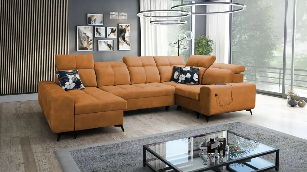 Sofort Bestellen Ecksofa mit Schlaffunktion Buffalo IV Honig links stilvolles Ecksofa mit zwei Bettkästen Veloursstoff