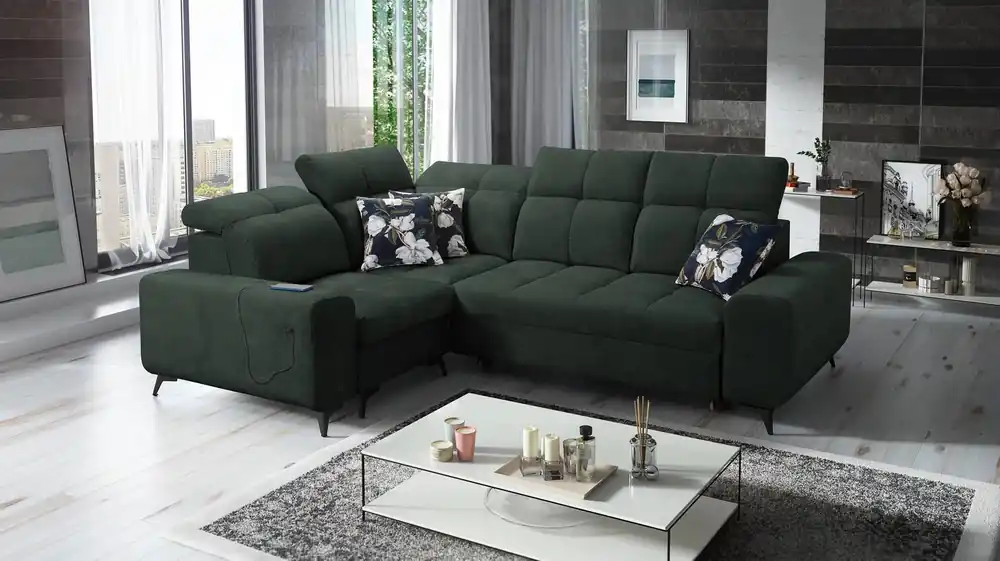 Ecksofa mit Schlaffunktion Buffalo II grün links funktionelles und stilvolles Ecksofa mit verstellbaren Kopfstützen Echt