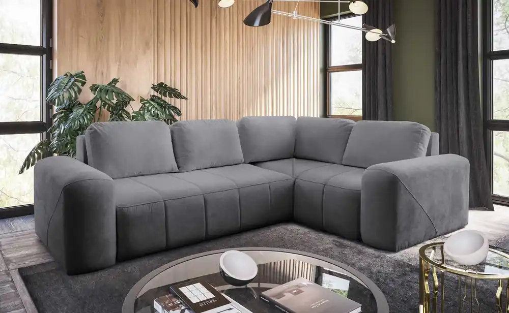 Ecksofa mit Schlaffunktion Bovec II grau rechts Komfort-Ecksofa mit stilvollem Charakter-Bettcontainer Zertifiziert