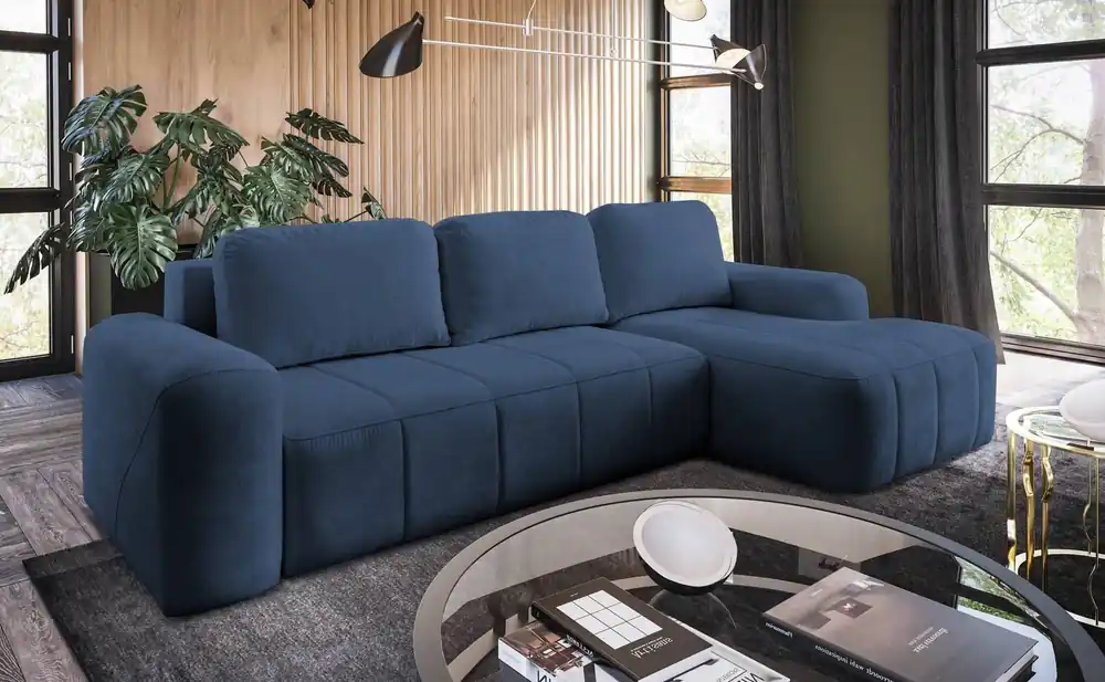Ecksofa mit Schlaffunktion Bovec blau rechtsseitig stilvolles Ecksofa mit ergonomischer Form hydrophobem Stoff Preis Gesenkt