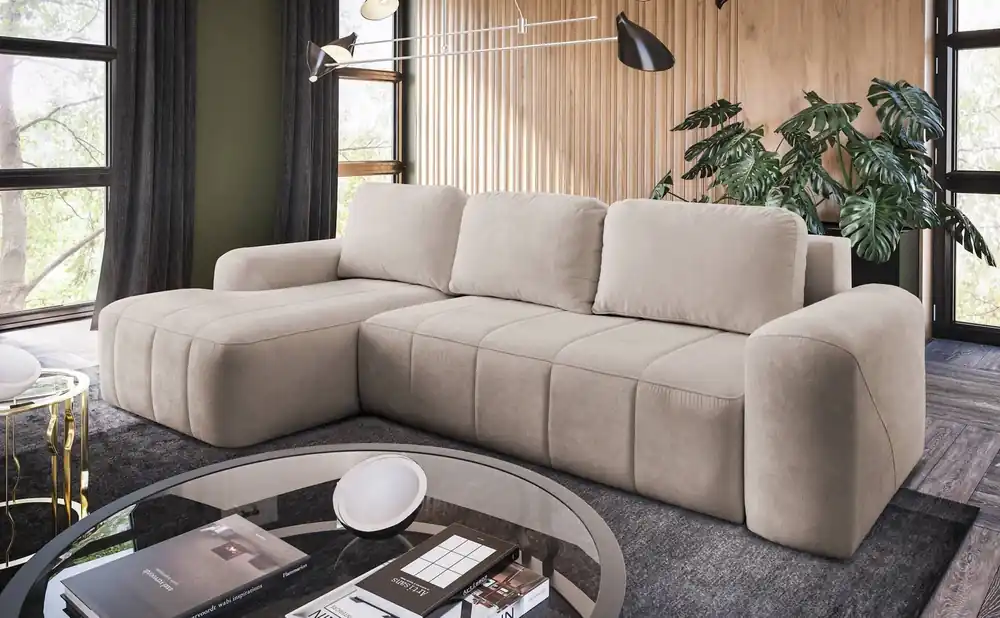 Finale Aktion Ecksofa mit Schlaffunktion Bovec beige linke Seite stilvolles Ecksofa mit ergonomischer Form hydrophobem Stoff