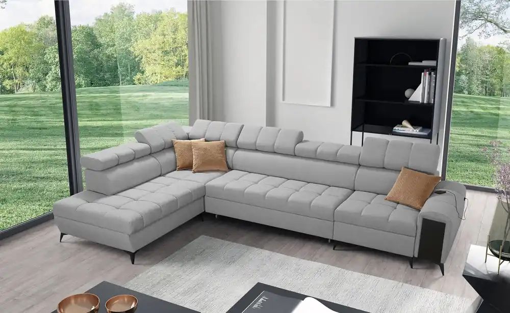 Neue Ware Ecksofa mit Schlaffunktion Bolmso XI grau linke Seite stilvolles Design Ecksofa mit Schublade und Bettzeugcontainer