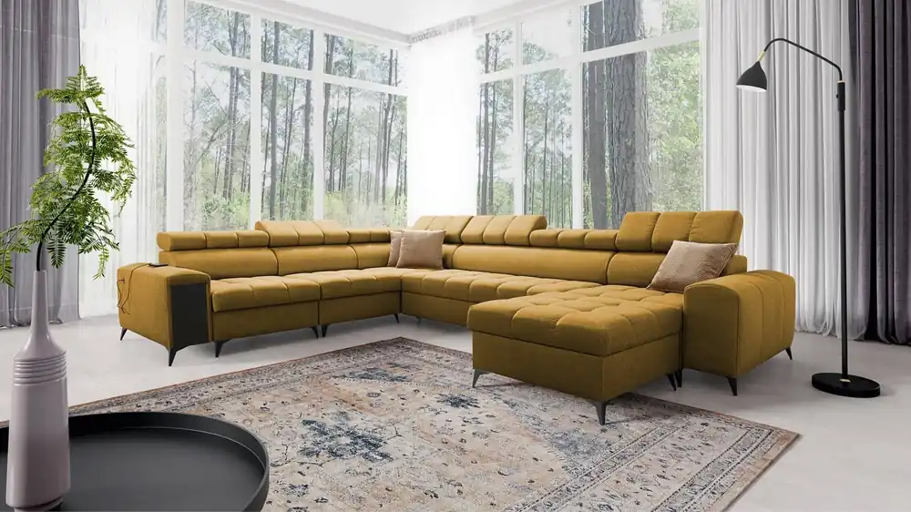 Ecksofa mit Schlaffunktion Bolmso VIII Senfgelb rechts elegantes und bequemes Ecksofa mit Schublade ideal für geräumige Innenräume Geprüft