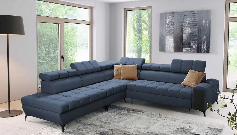 Günstig Ecksofa mit Schlaffunktion Bolmso IX blau links Komfort Ecksofa für Wohnzimmer mit Schublade Bettzeug Container stilvolles Design