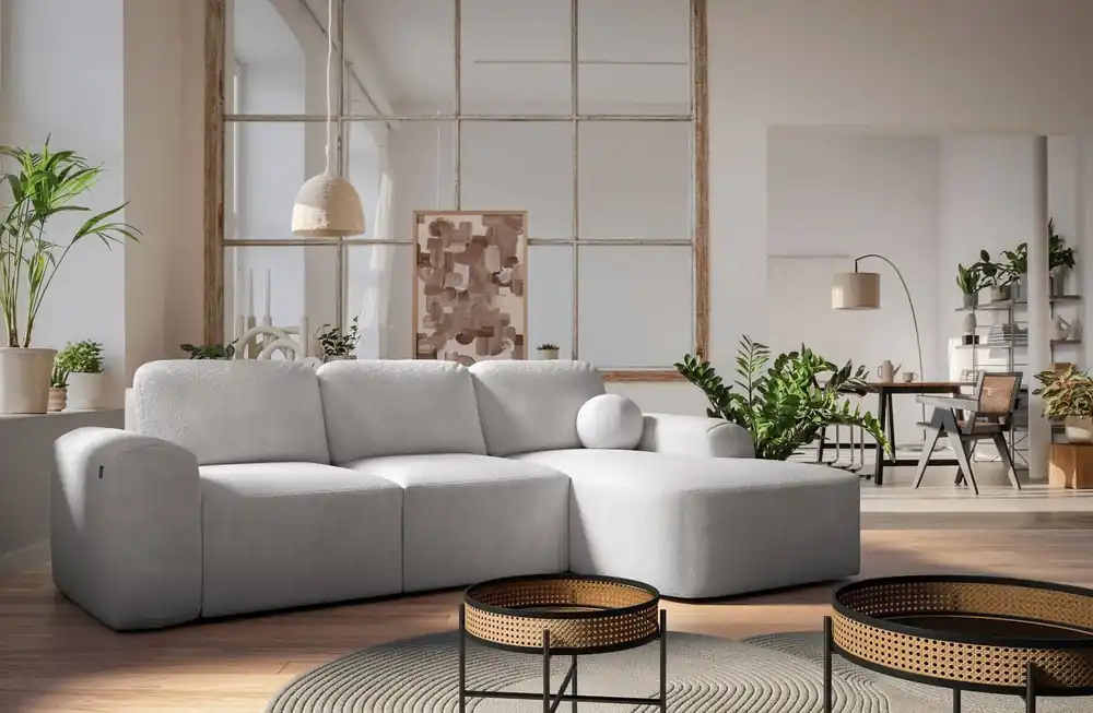 Ecksofa mit Schlaffunktion Arbon graue Esche rechte Ecke modernes Design mit besonderer Form weicher Stoff Günstig