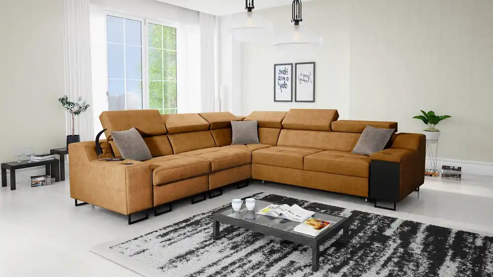 Bestpreis Ecksofa mit Schlaffunktion Alcamo III Honig links funktionelles Ecksofa mit einer Schublade in der Seite zwei Behälter für Bettzeug