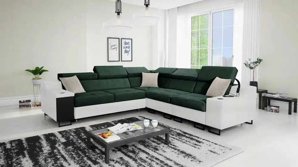 Neu Im Sortiment Ecksofa mit Schlaffunktion Alcamo III grün / weiß rechts Funktions-Ecksofa mit Schublade in der Seite zwei Behälter für Bettzeug