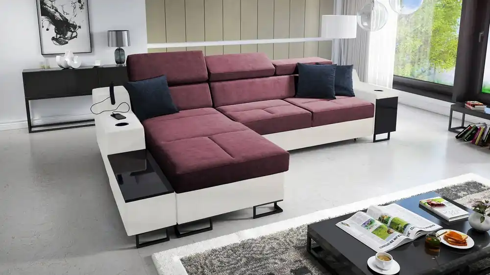 Ecksofa mit Schlaffunktion Alcamo burgund/weiß links stilvolles Ecksofa mit einer ausziehbaren praktischen Schublade an der Seite des Möbels Letzte Chance