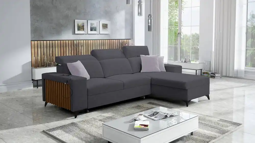 Kelly Ecksofa mit Schlaffunktion graphit rechte Seite geflochten Komfort und Funktionalität Eckseite mit Latten abgeschlossen Heißes Angebot
