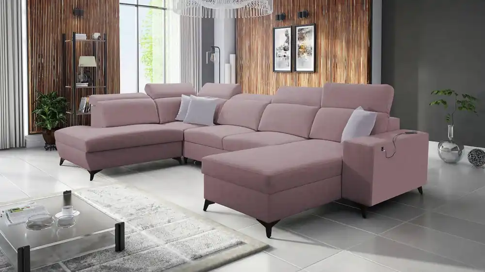 Billig Ecksofa mit Schlaffunktion Kelly Sleek VI lavendel rosa rechte Seite modernes Design Ecksofa für Wohnzimmer mit verstellbaren Kopfstützen