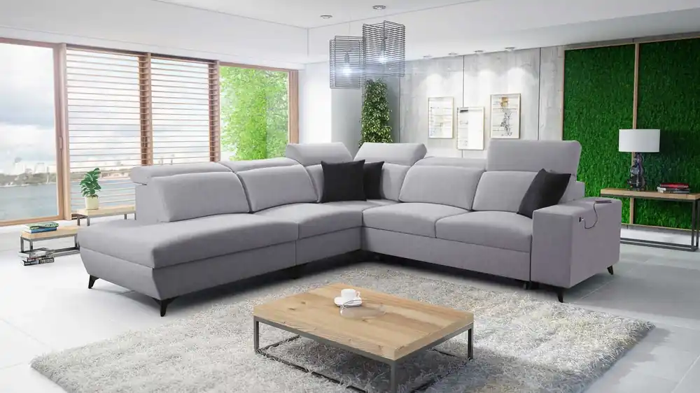 Mega-Angebot Ecksofa mit Schlaffunktion Kelly Sleek IX Esche grau links Ecksofa mit bequemen Armlehnen und verstellbaren Kopfstützen