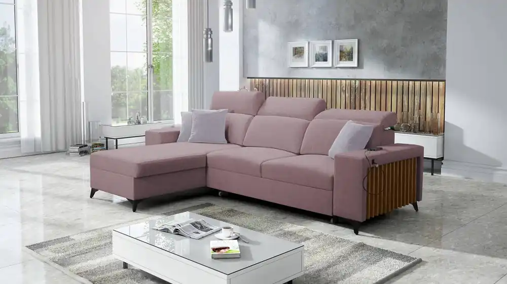 Ecksofa mit Schlaffunktion Kelly lavendel rosa linke Seite geflochten Komfort und Funktionalität Eckseite mit Latten abgeschlossen Mega-Angebot
