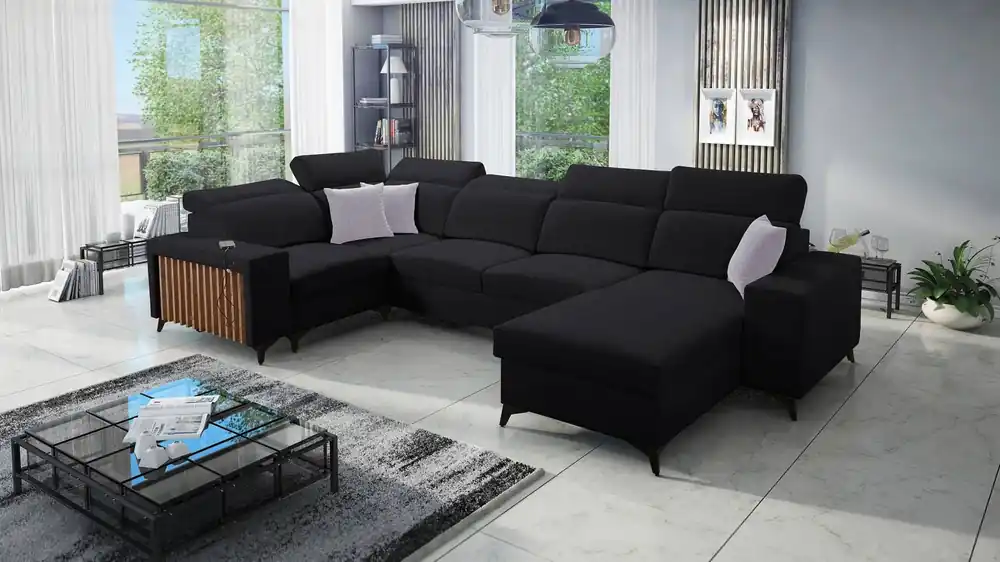 Bestpreis Ecksofa mit Schlaffunktion Kelly IV schwarz rechts geflochten bequemes Ecksofa verstellbare Kopfstützen seitlich mit Latten verkleidet