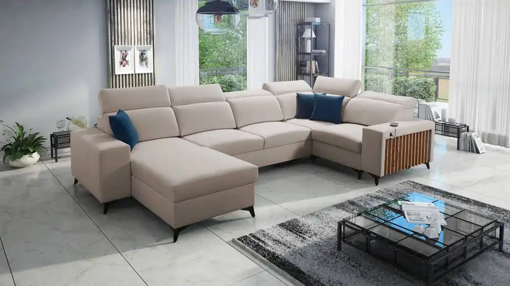 Top-Angebot Ecksofa mit Schlaffunktion Kelly IV hellbeige links Samt komfortables Ecksofa verstellbare Kopfstützen seitlich mit Lamellen eingefasst