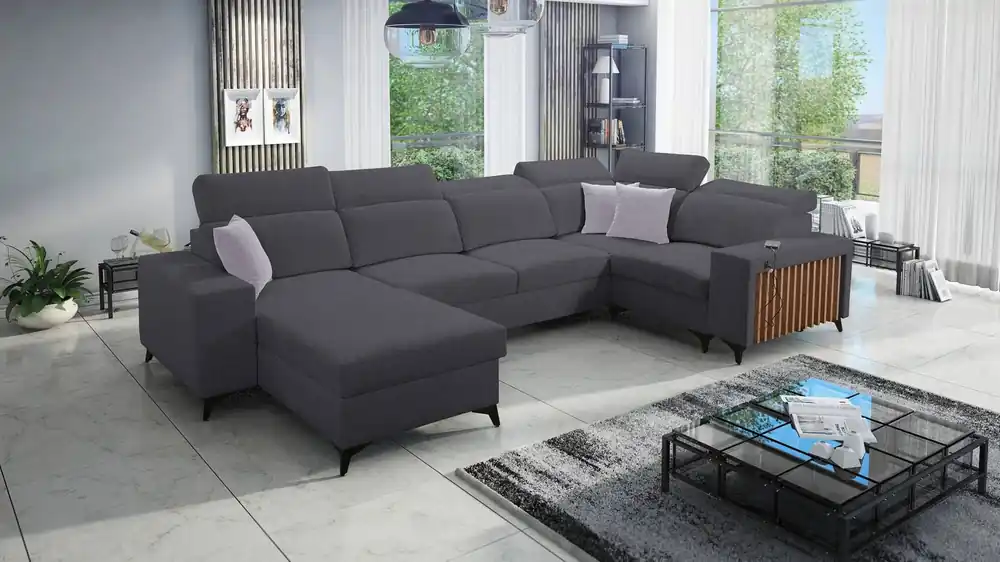 Nur Für Kurze Zeit Ecksofa mit Schlaffunktion Kelly IV graphit links geflochten bequemes Ecksofa verstellbare Kopfstützen seitlich mit Latten verkleidet