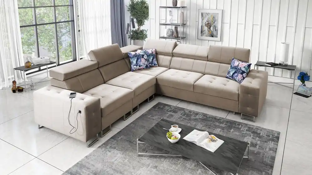 Billig Ecksofa mit Schlaffunktion Hampton III beige links komfortables Ecksofa aus glattem und weichem Samtstoff