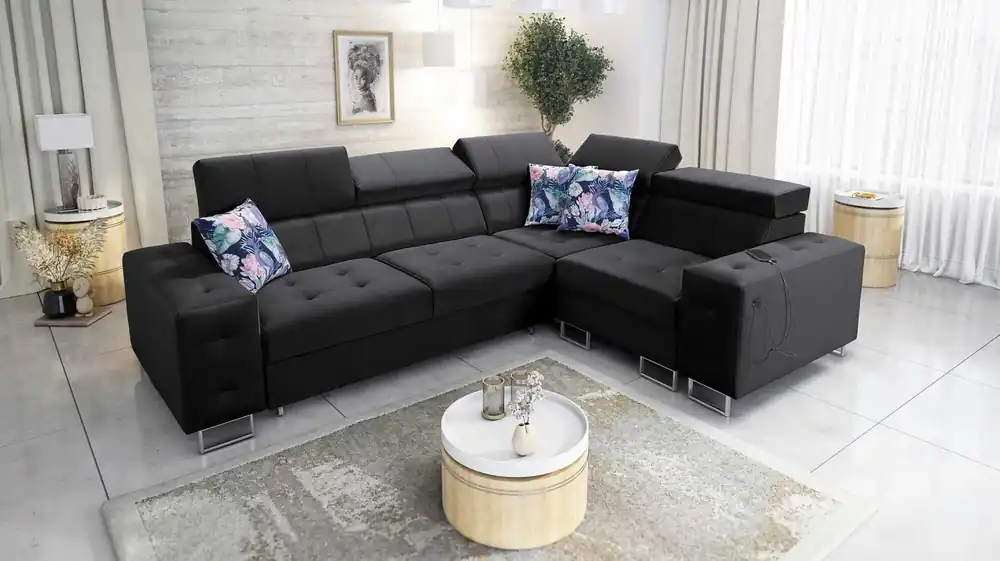 Ecksofa mit Schlaffunktion Hampton II schwarz rechts stilvolles Ecksofa weiche Polsterung Stoffart Samt Mega-Angebot