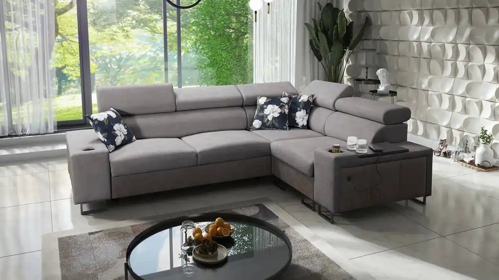 Knallerangebot Ecksofa mit Schlaffunktion Flavio II grau / graphit rechts bequemes Ecksofa Bett offene Bar in der Seite des Möbels