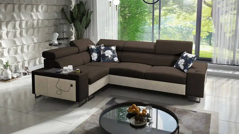 Ecksofa mit Schlaffunktion Flavio II braun/beige links bequemes Ecksofabett offene Bar an der Seite des Möbels Online Kaufen
