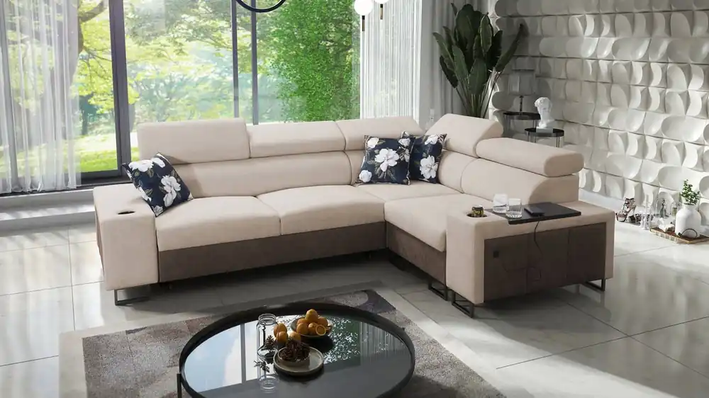 Ecksofa mit Schlaffunktion Flavio II beige/braun rechts bequemes Ecksofabett offene Bar an der Seite des Möbels Beliebt